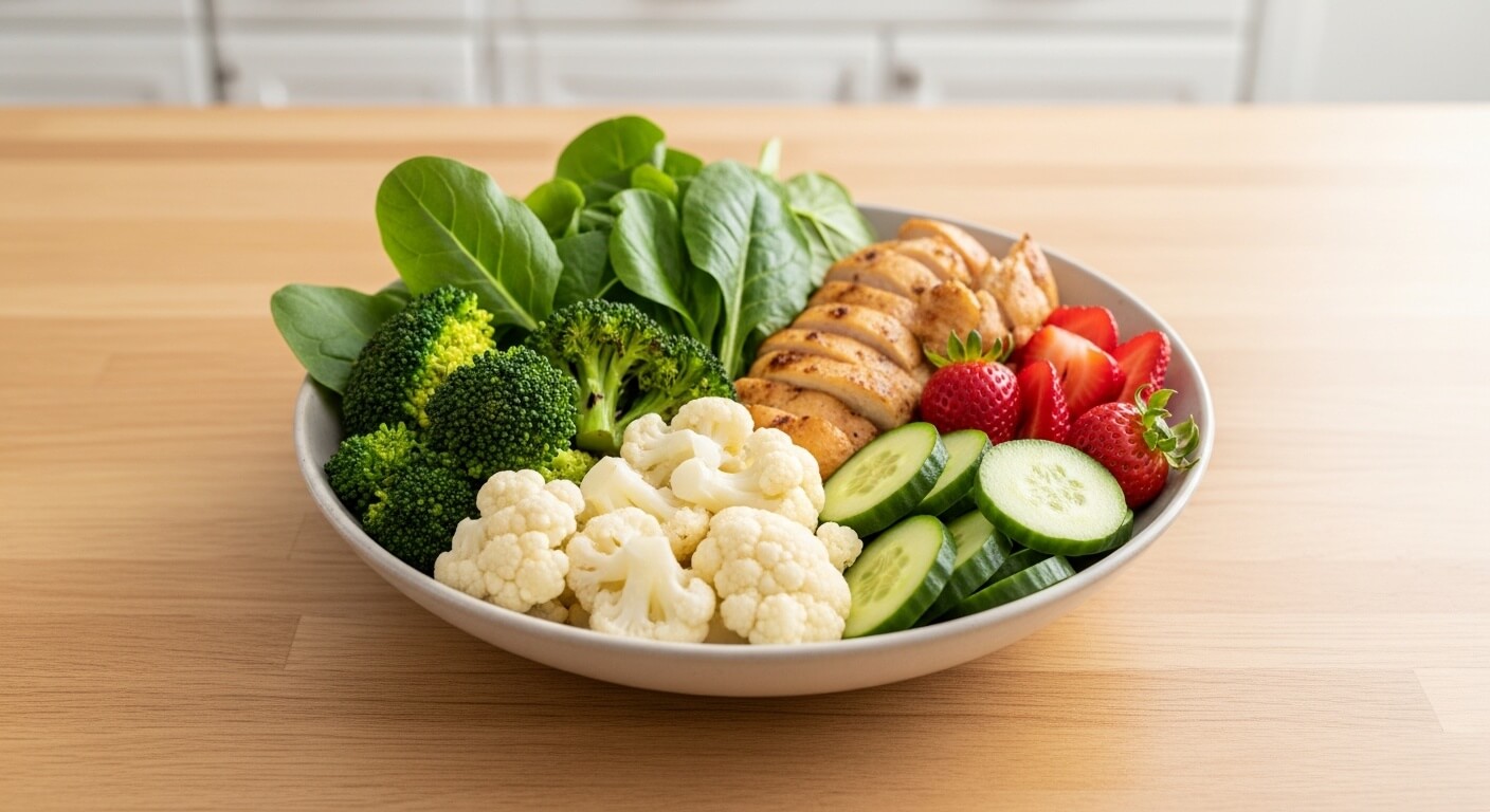 Bowl of spinach, broccoli, cauliflower, cucumber, chicken and strawberries
