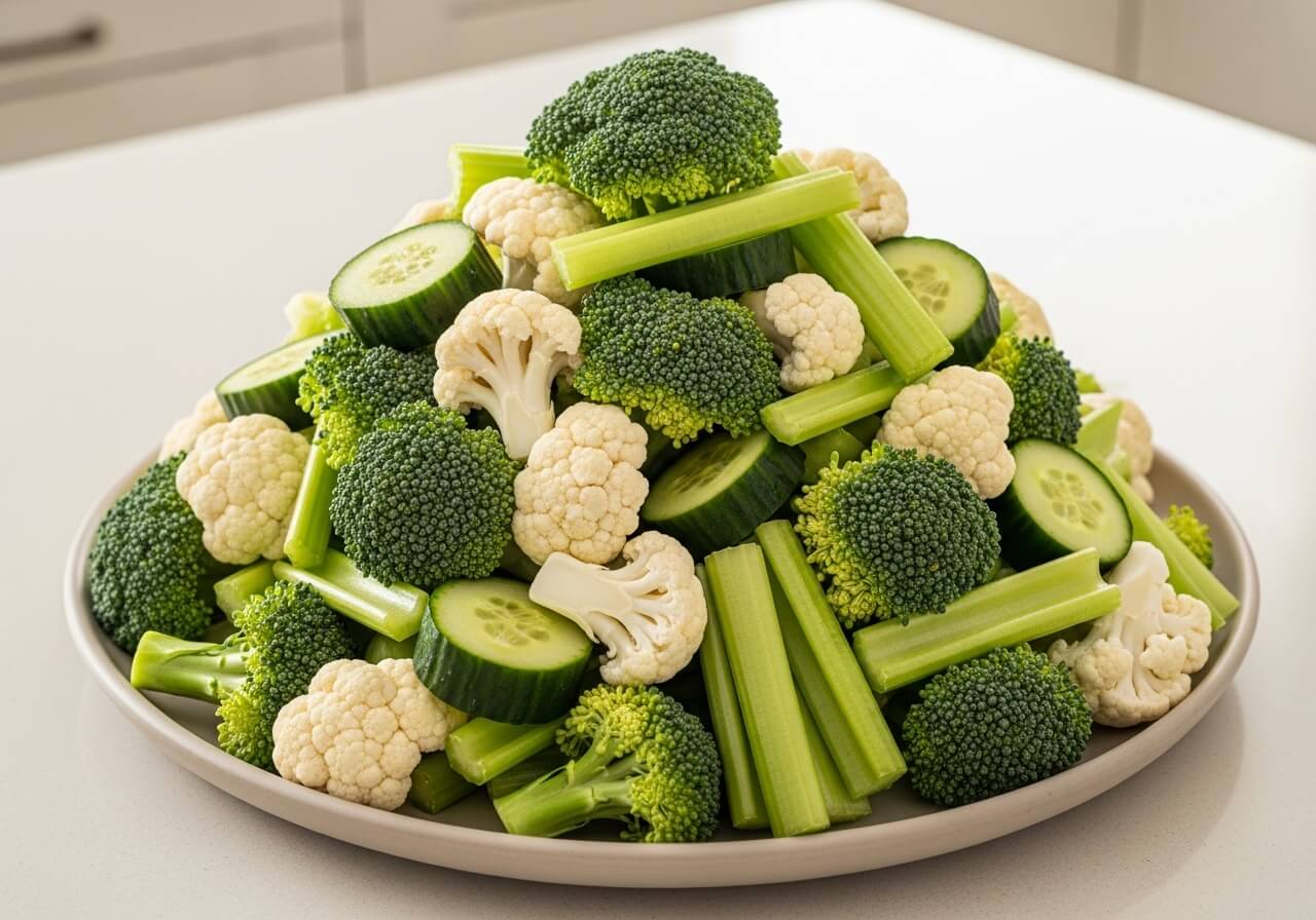 Broccoli, cauliflower and celery on a kitchen surface