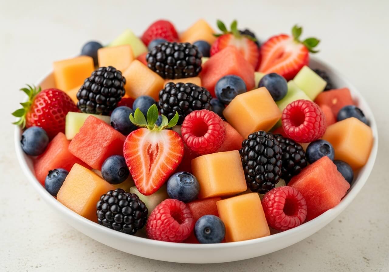 Bowl of watermelon, melon and mixed berries