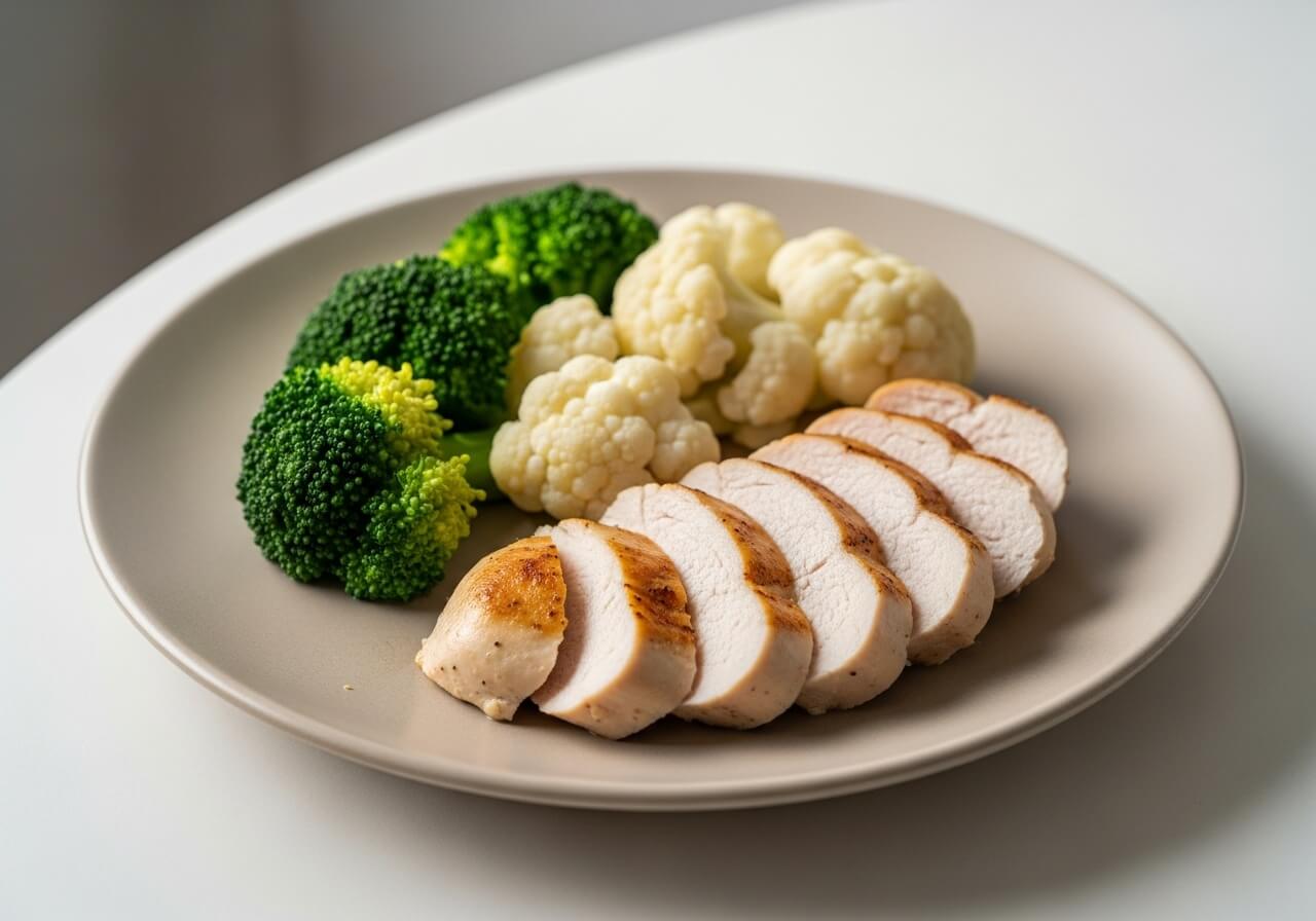 Plate of sliced chicken breast with broccoli and cauliflower