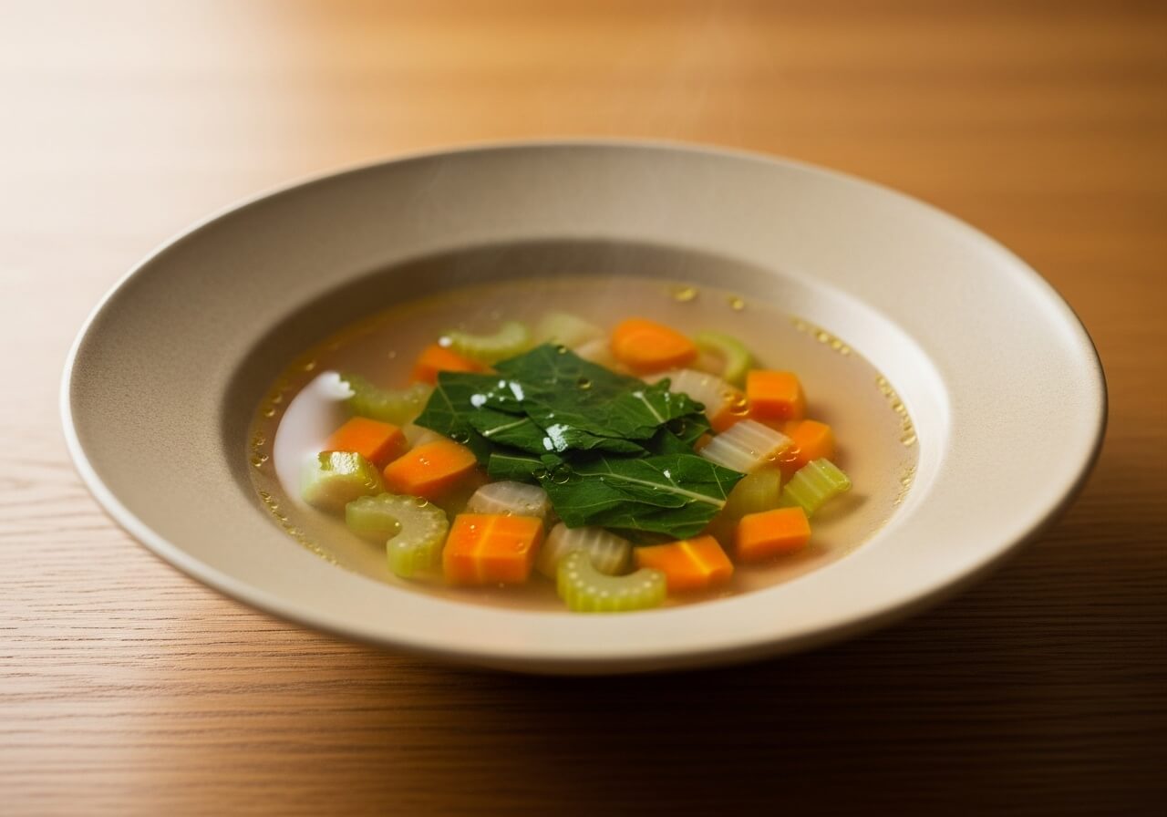 Bowl of clear vegetable soup on a table