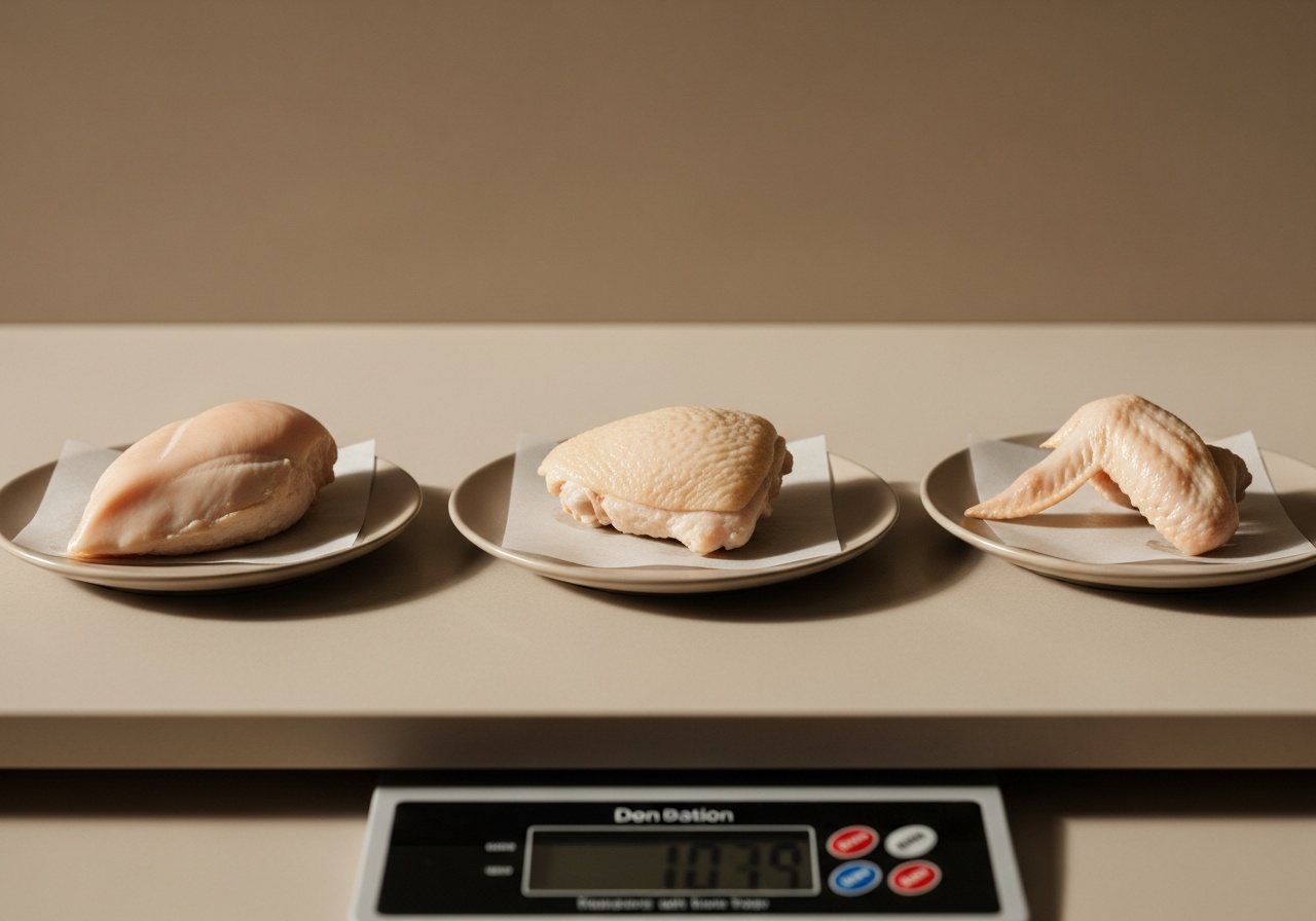 Raw chicken breast, thigh, drumstick and wings laid out side by side