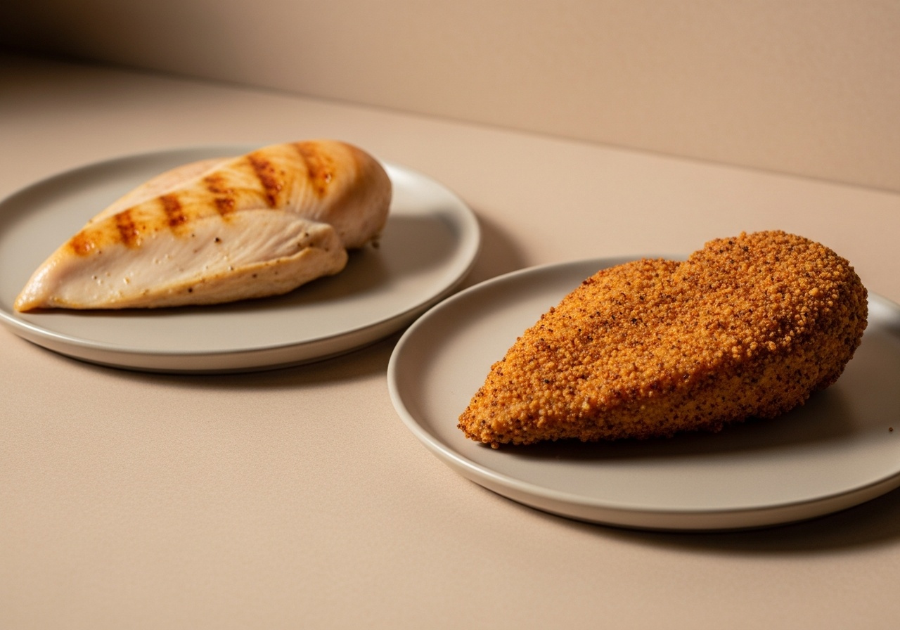 Cooked chicken thigh and breast compared on a plate