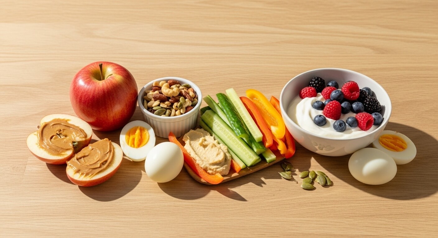 Board of whole foods: apple, nuts, boiled eggs, vegetable sticks and yogurt with berries