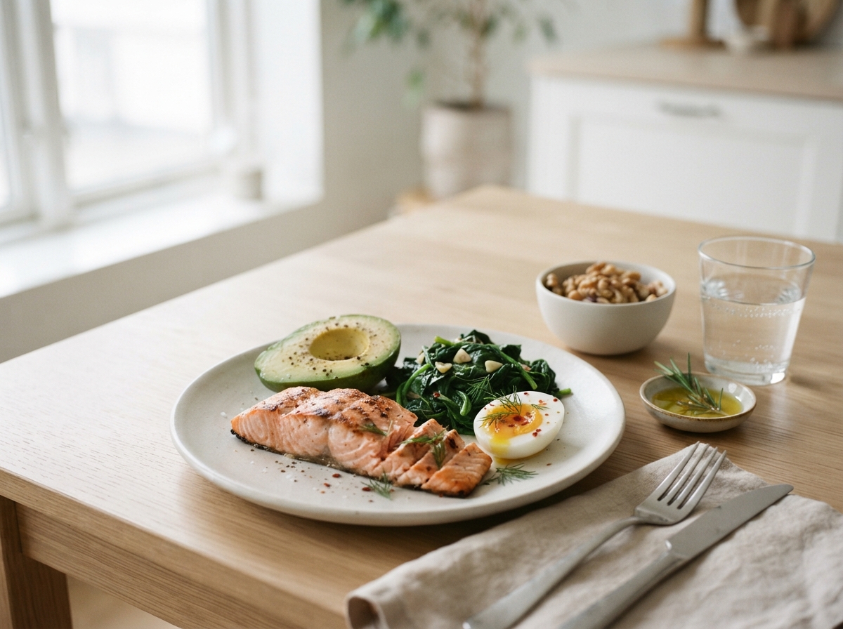 Salmon with avocado, spinach, a soft-boiled egg, walnuts and olive oil