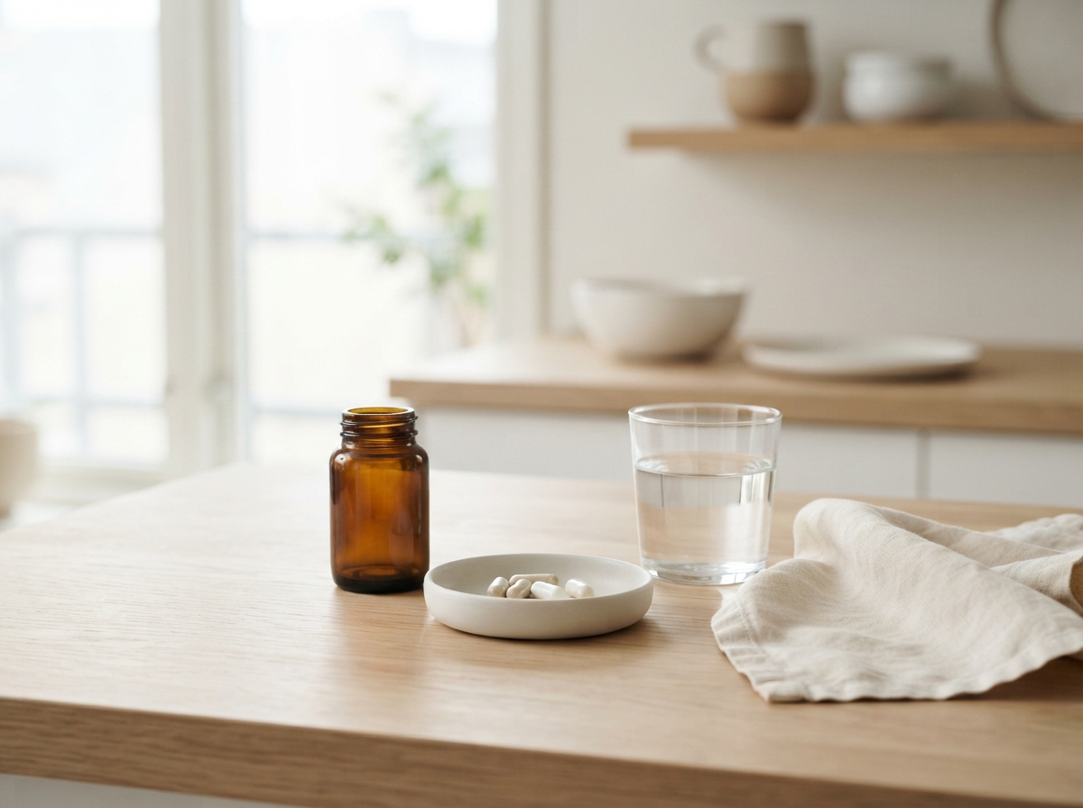 An unlabelled amber supplement bottle, a small dish of capsules and a glass of water