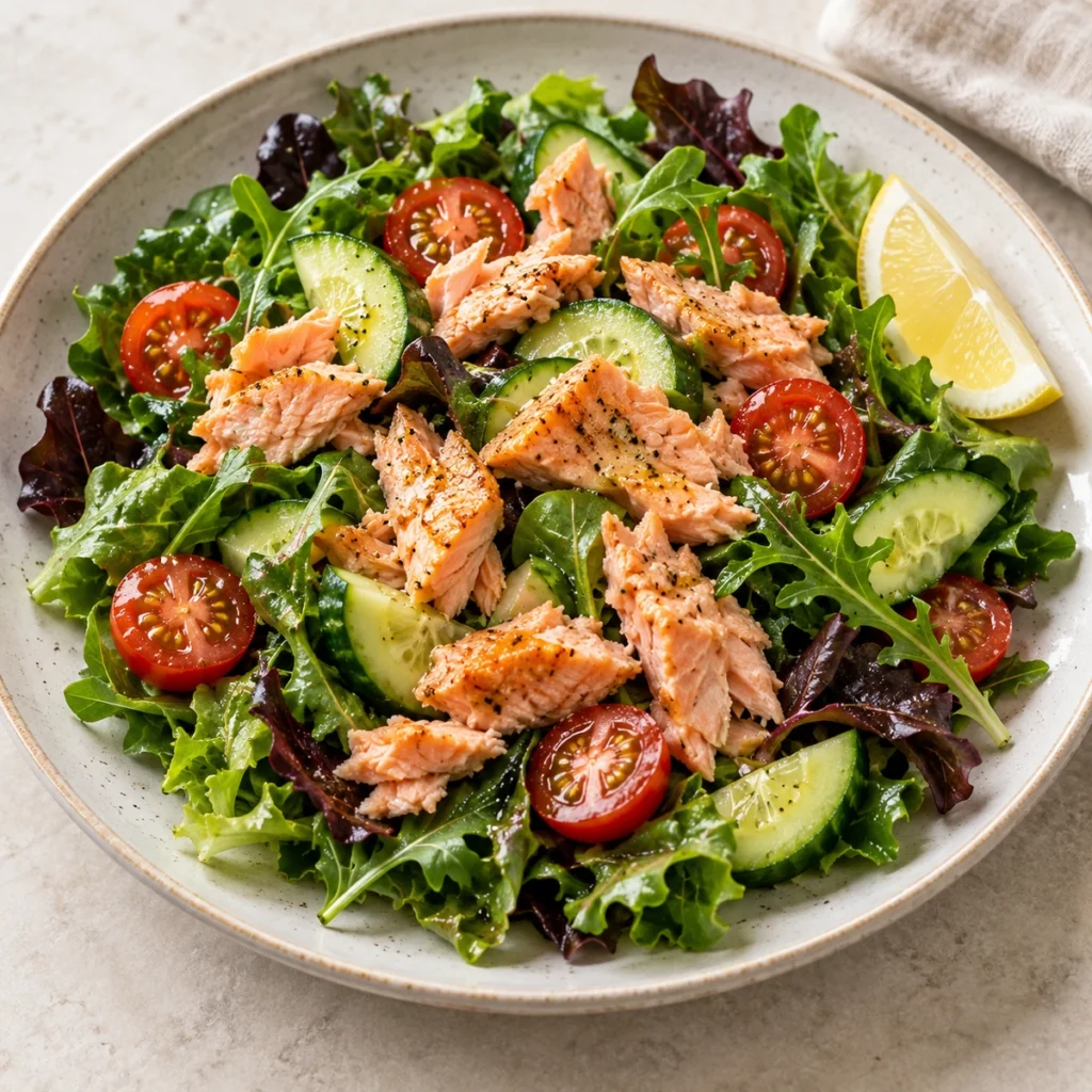 Plate of mixed salad greens with flaked cooked salmon, cucumber slices, cherry tomatoes and a lemon wedge.