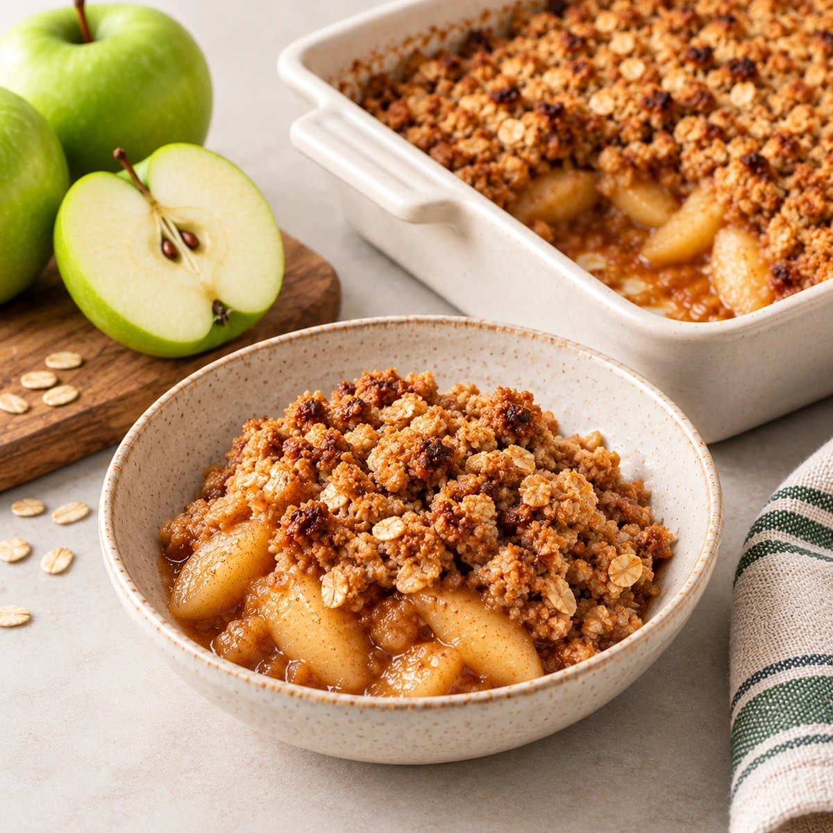 Bowl of apple crisp with cinnamon apple slices under a baked oat and brown sugar topping, baking dish and green apples behind