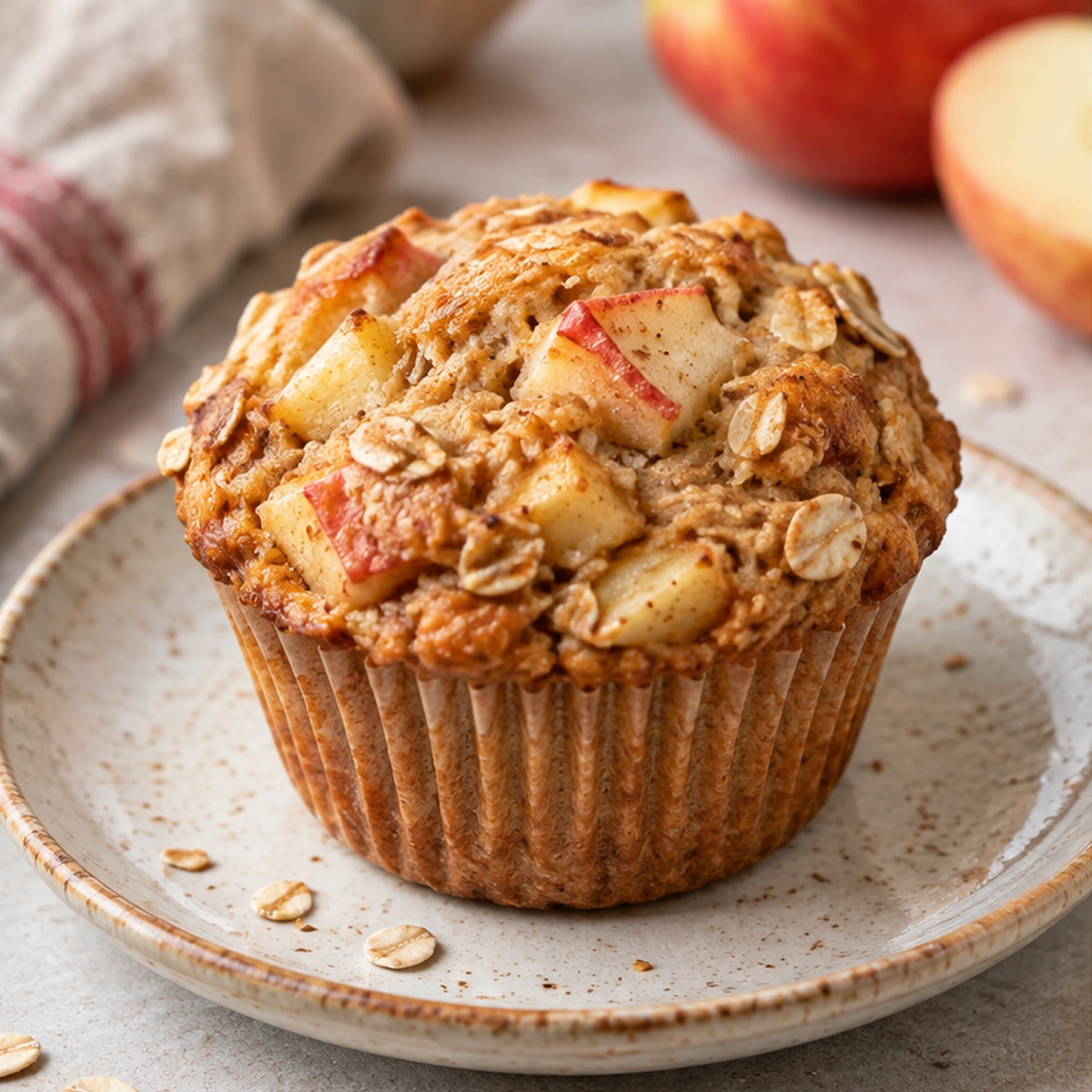 An apple oatmeal muffin with diced apple and rolled oats on a speckled plate