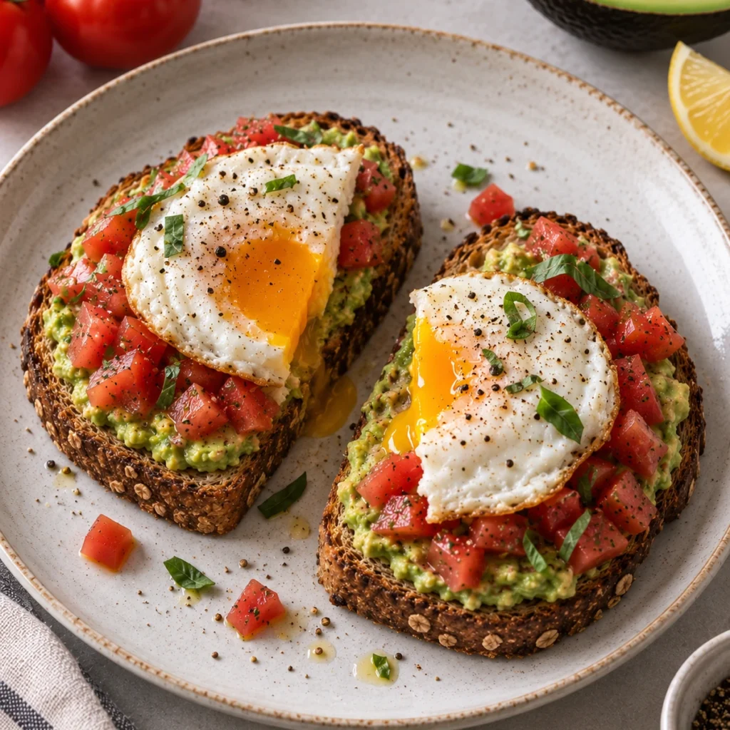 Two slices of whole-grain toast spread with mashed avocado and diced tomato, each topped with a fried egg.