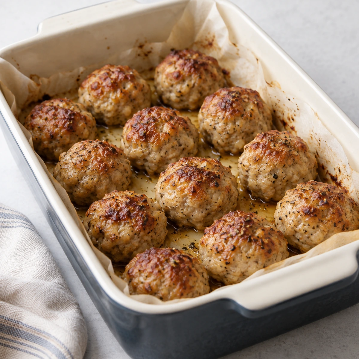 Baked beef meatballs in a parchment-lined baking dish