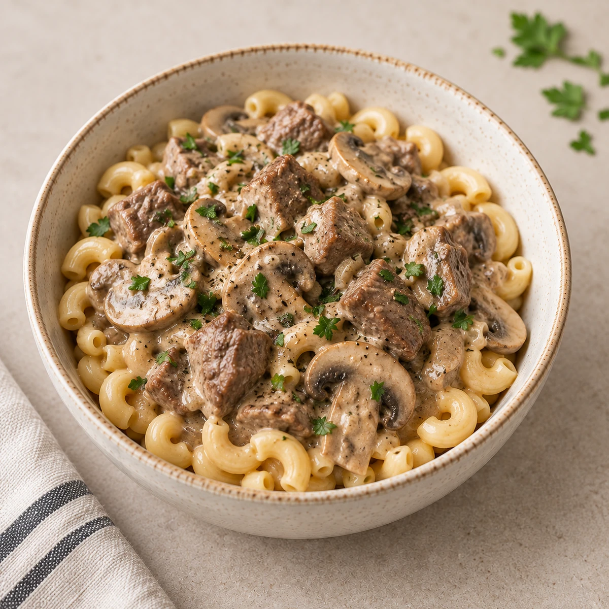 Bowl of elbow macaroni with strips of beef and sliced mushrooms in a pale creamy sauce, parsley on top