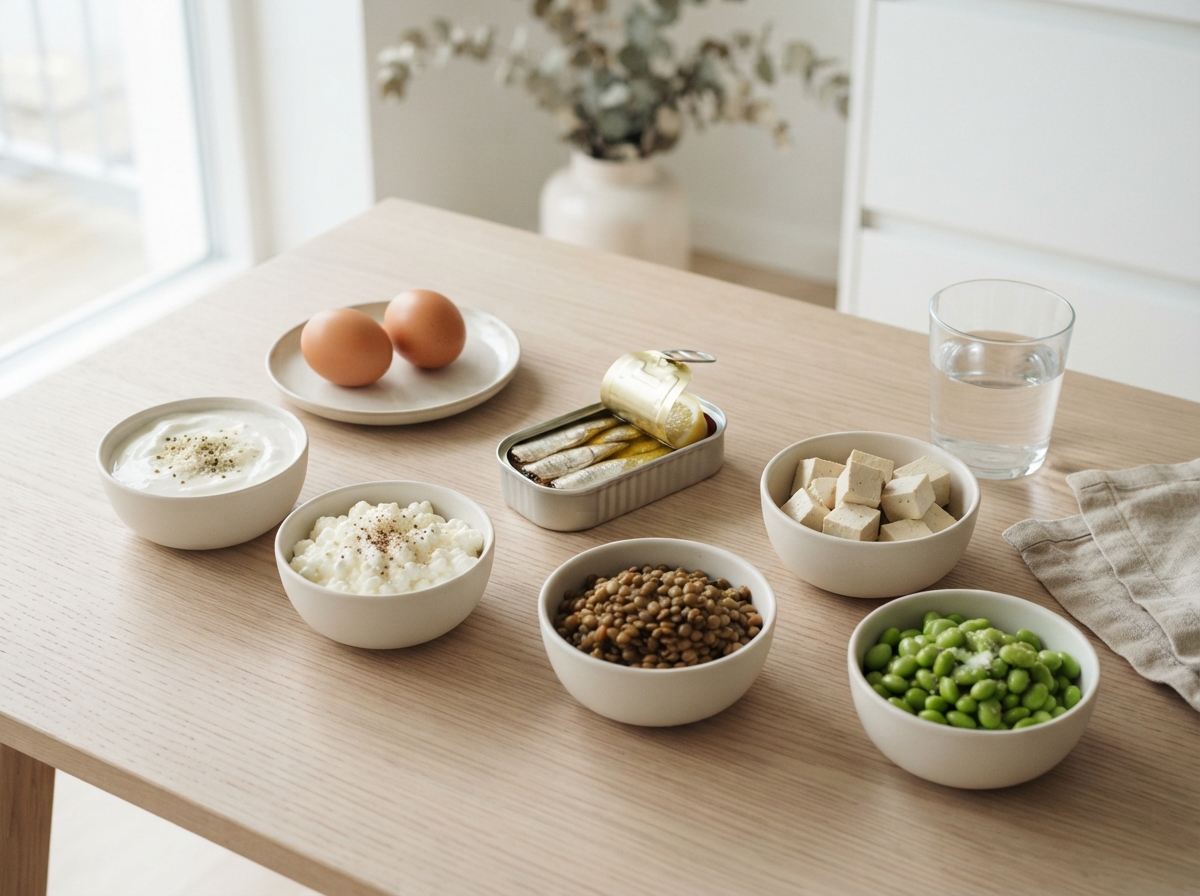 Bowls of eggs, Greek yogurt, cottage cheese, sardines, lentils, tofu and edamame