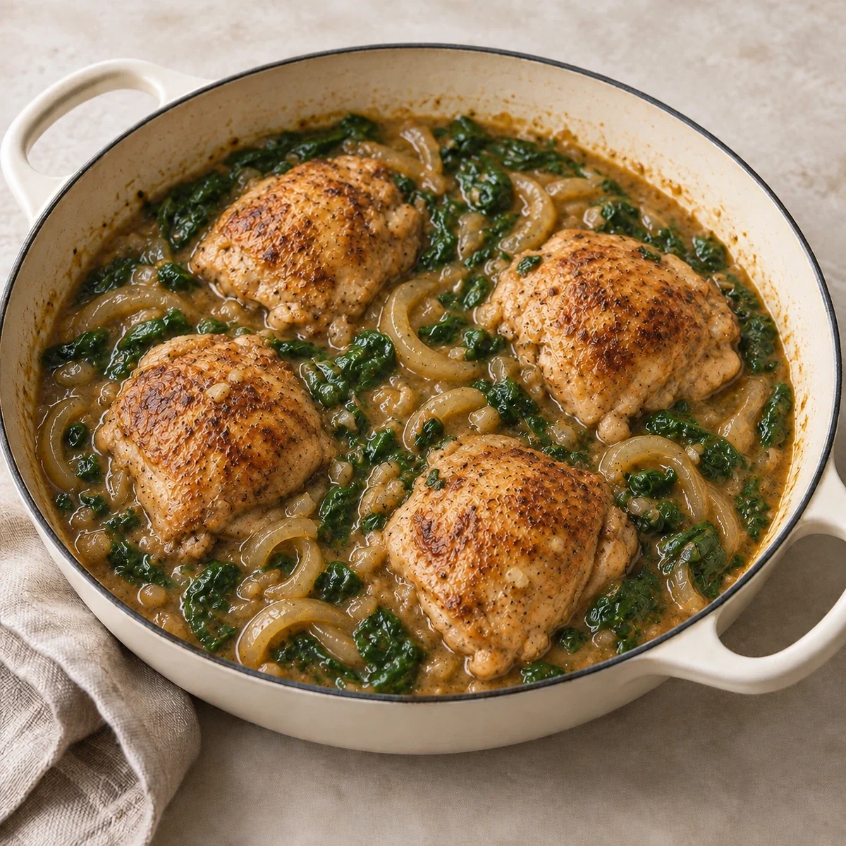 Braised chicken thighs with spinach and onions in a skillet