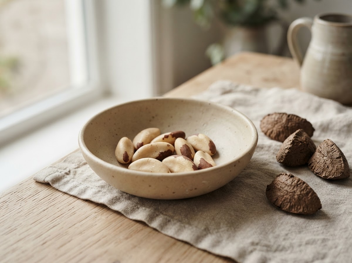 Brazil nuts in and out of their shells in a shallow ceramic bowl on a wooden surface