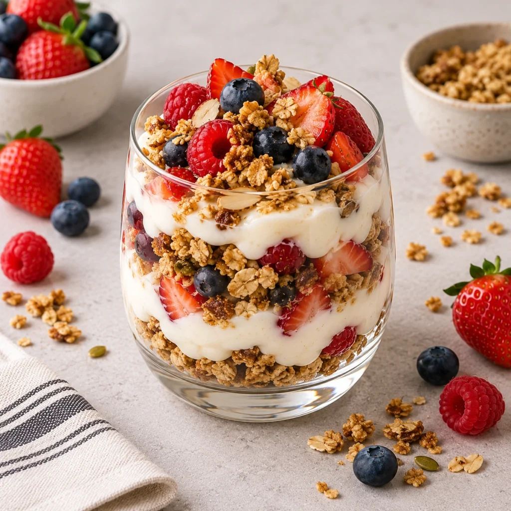 Yogurt parfait layered with granola and fresh berries in a glass, with strawberries and blueberries scattered around it.