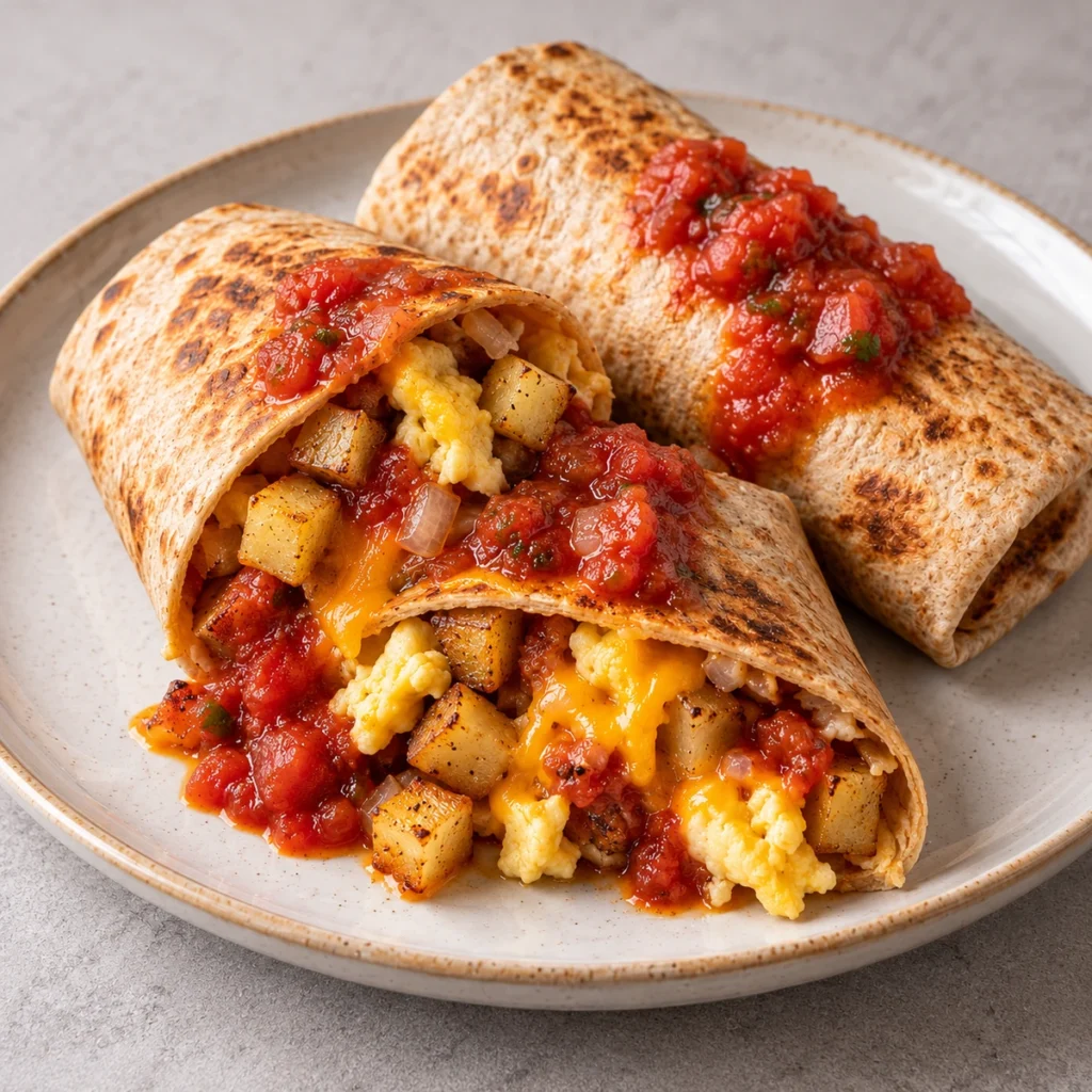 Two whole-wheat breakfast burritos on a plate, filled with scrambled egg, diced potato and melted cheddar, topped with salsa.
