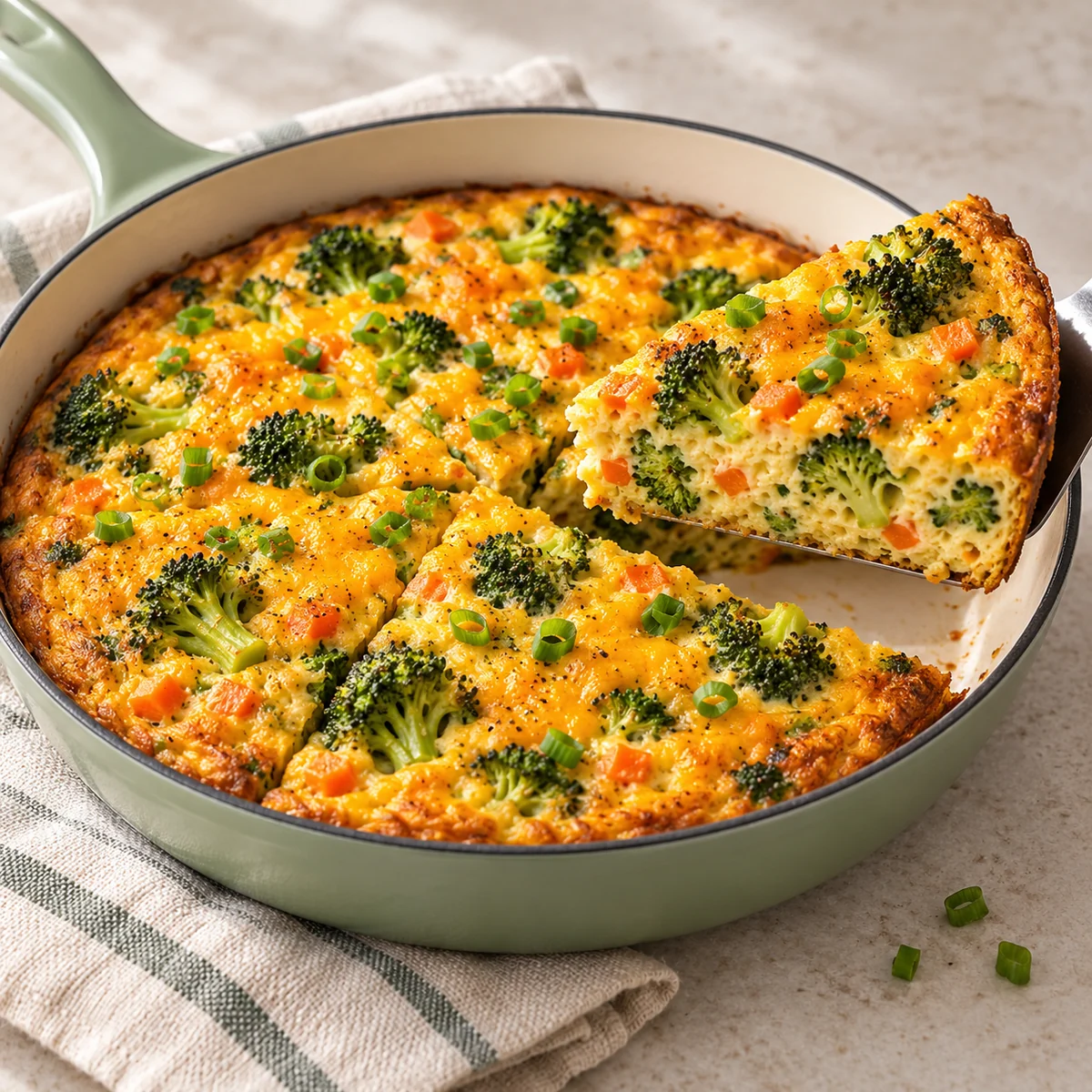 Broccoli cheddar frittata with carrots and green onion in a skillet