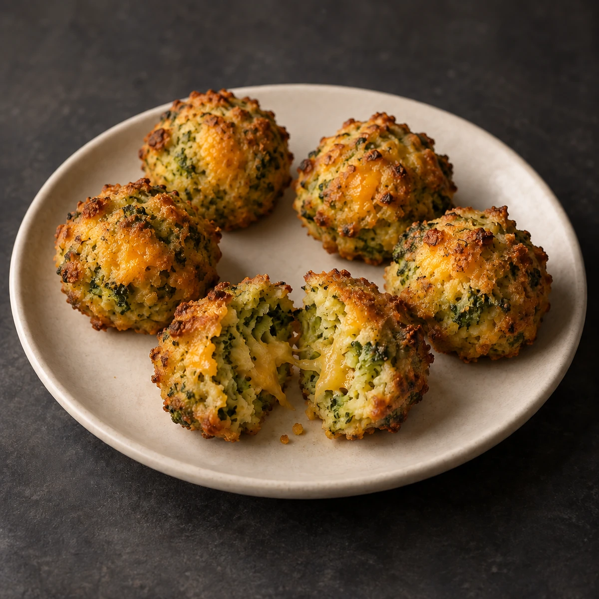 Baked broccoli cheese poppers on a plate, one broken open
