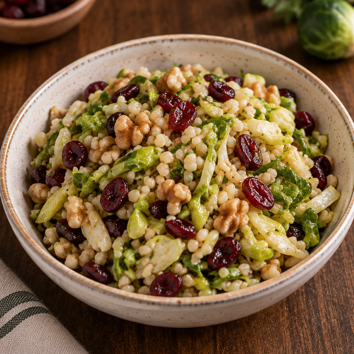 Shaved Brussels sprouts salad with bulgur, dried cranberries and walnuts in a bowl