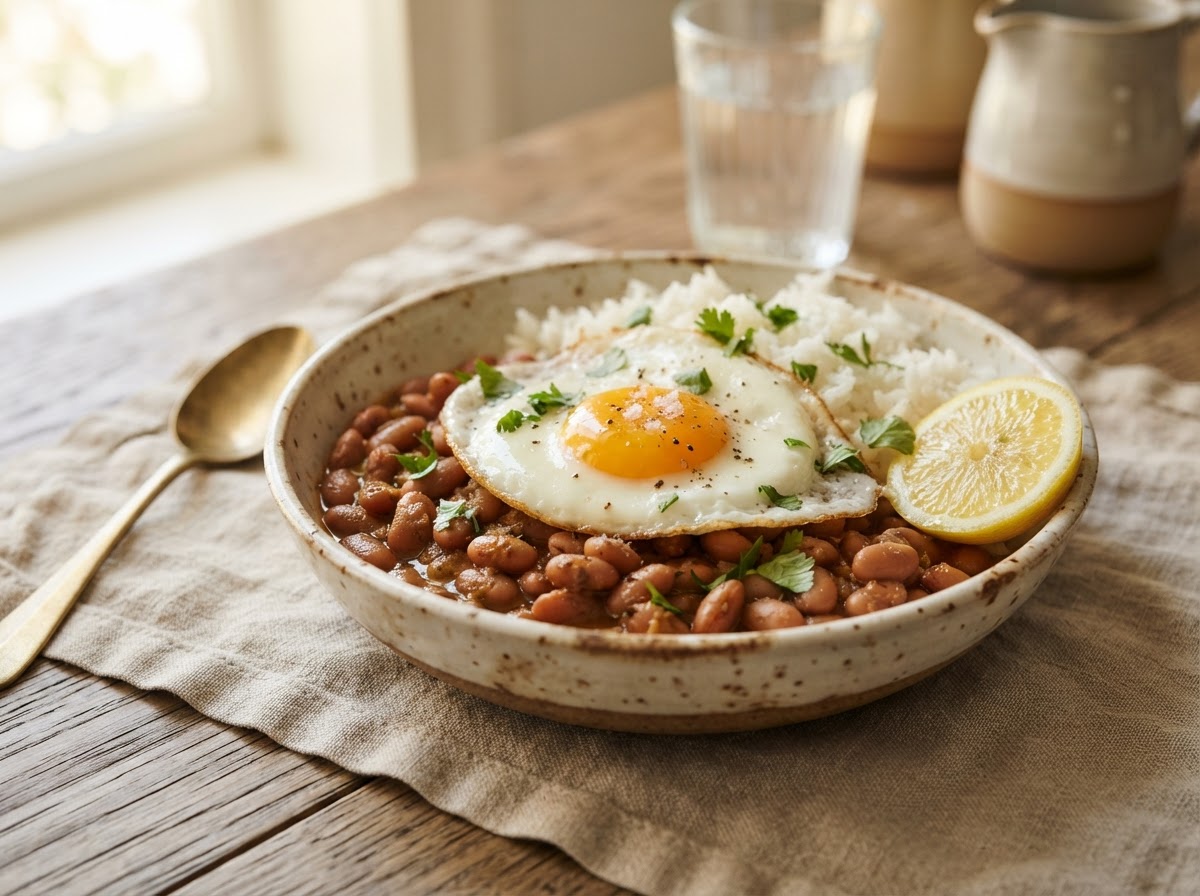 A bowl of cooked pinto beans with rice and a fried egg on top, with a lemon wedge on a linen cloth