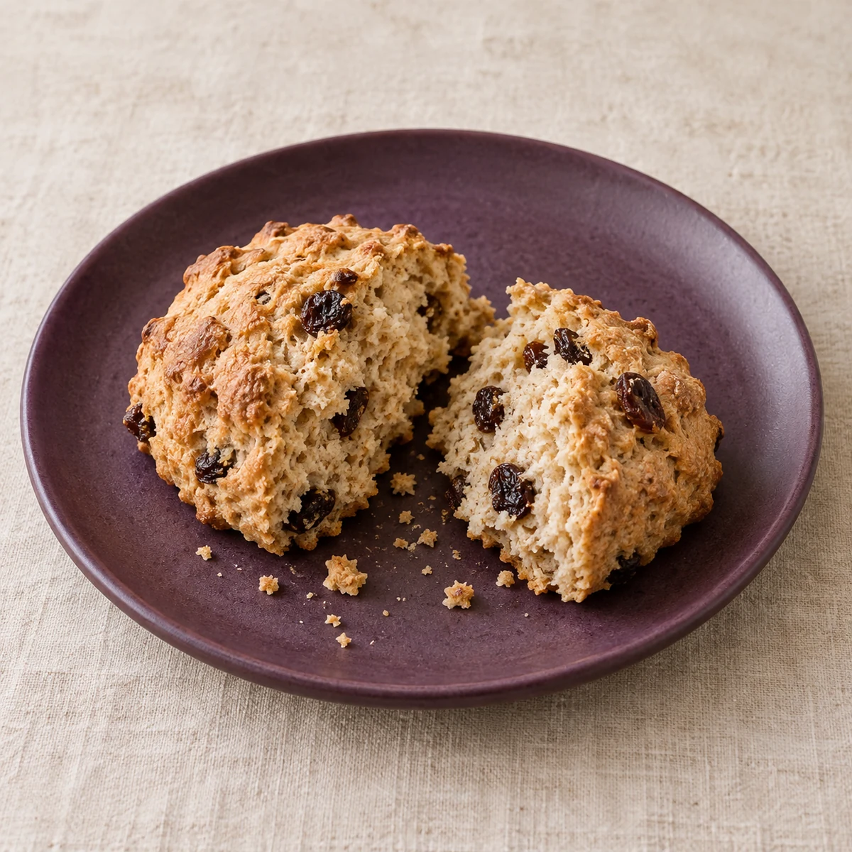 A buttermilk raisin scone broken in half on a plum-coloured plate