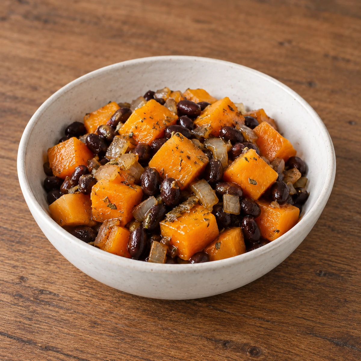 Cubed butternut squash with black beans and onion in a bowl
