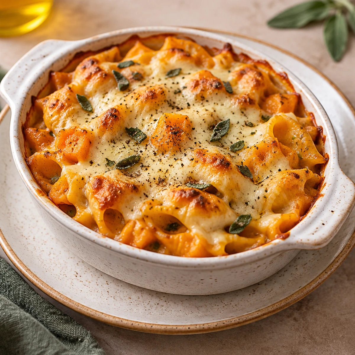 Butternut squash pasta bake with melted mozzarella and sage leaves in a baking dish