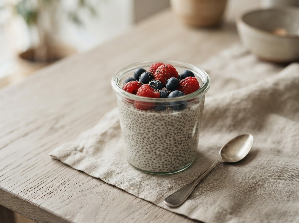 Chia pudding in a glass jar topped with fresh raspberries and blueberries on a linen cloth