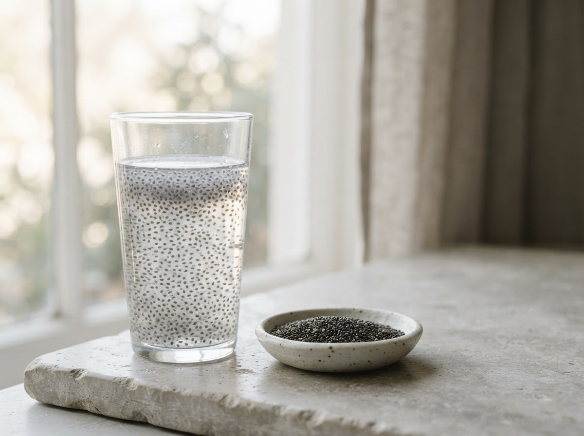 A glass of water with chia seeds swollen into a gel beside a small dish of dry chia seeds