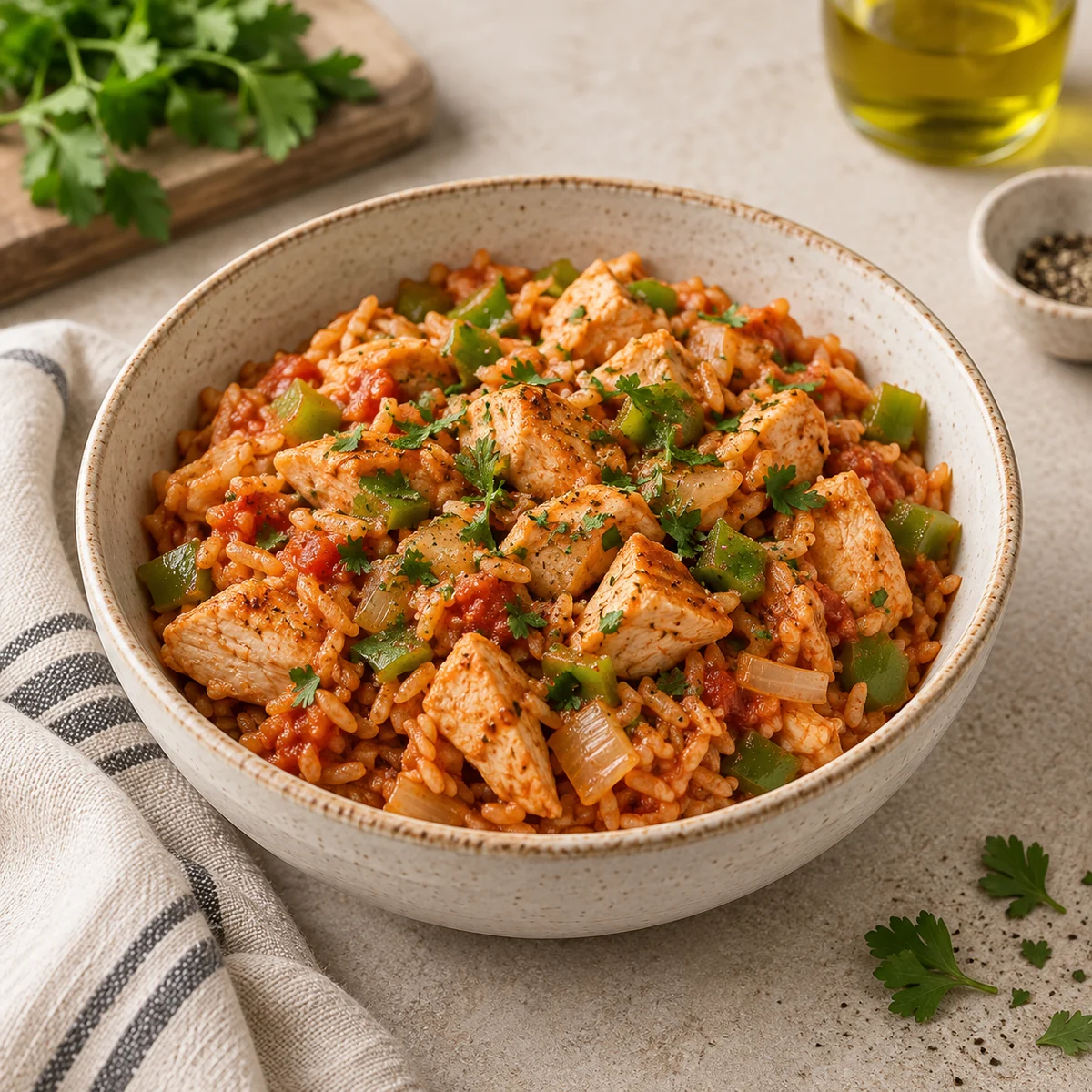 Bowl of tomato-red rice with cubes of chicken breast, green pepper and onion, scattered with parsley