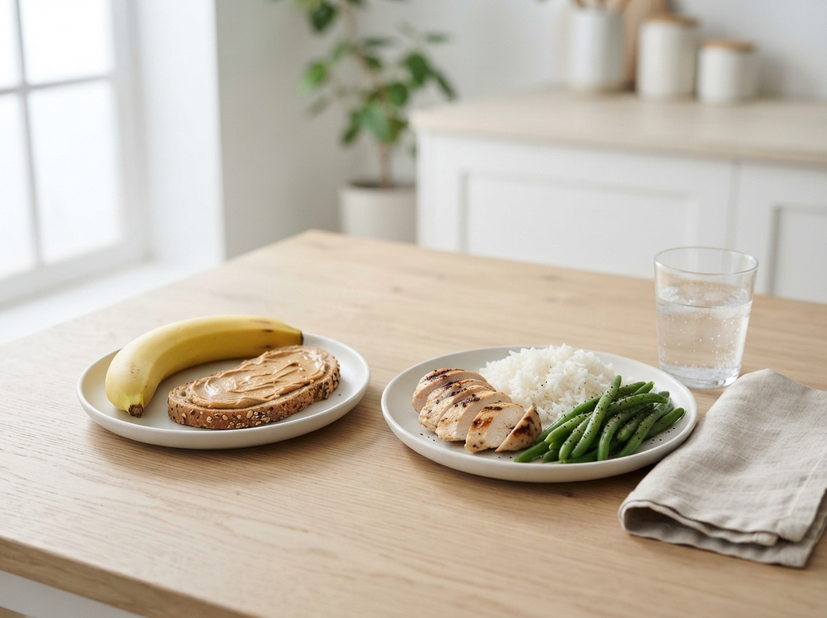 Two plates of workout food: banana with peanut butter toast, and chicken with rice and green beans