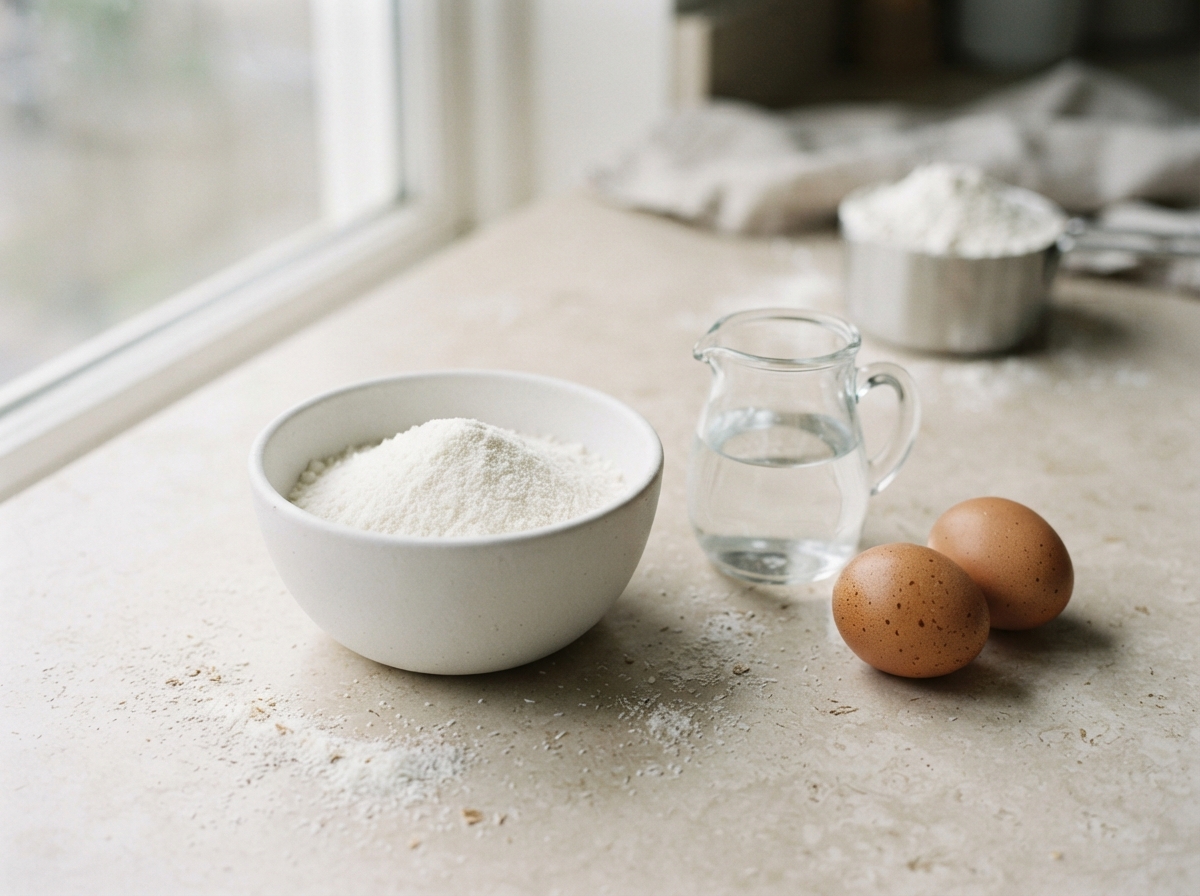A bowl of fine white coconut flour beside a small jug of water and two brown eggs on a pale stone counter, with a measuring cup of wheat flour behind