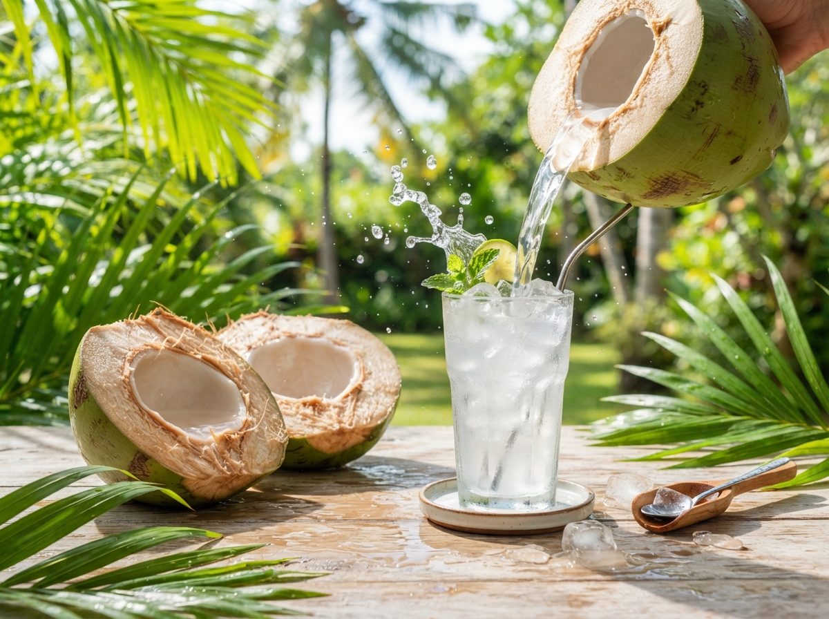 Fresh coconut halves with coconut water being poured into a glass of ice