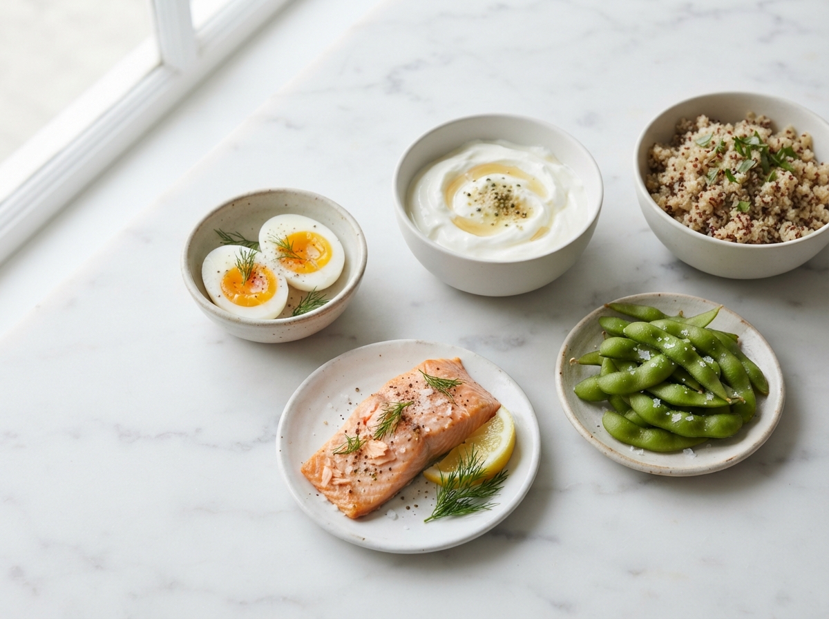 Bright overhead arrangement on white marble of complete protein foods: two boiled eggs cut in half, a grilled salmon fillet, a bowl of Greek yogurt, bright green edamame pods and a bowl of cooked quinoa