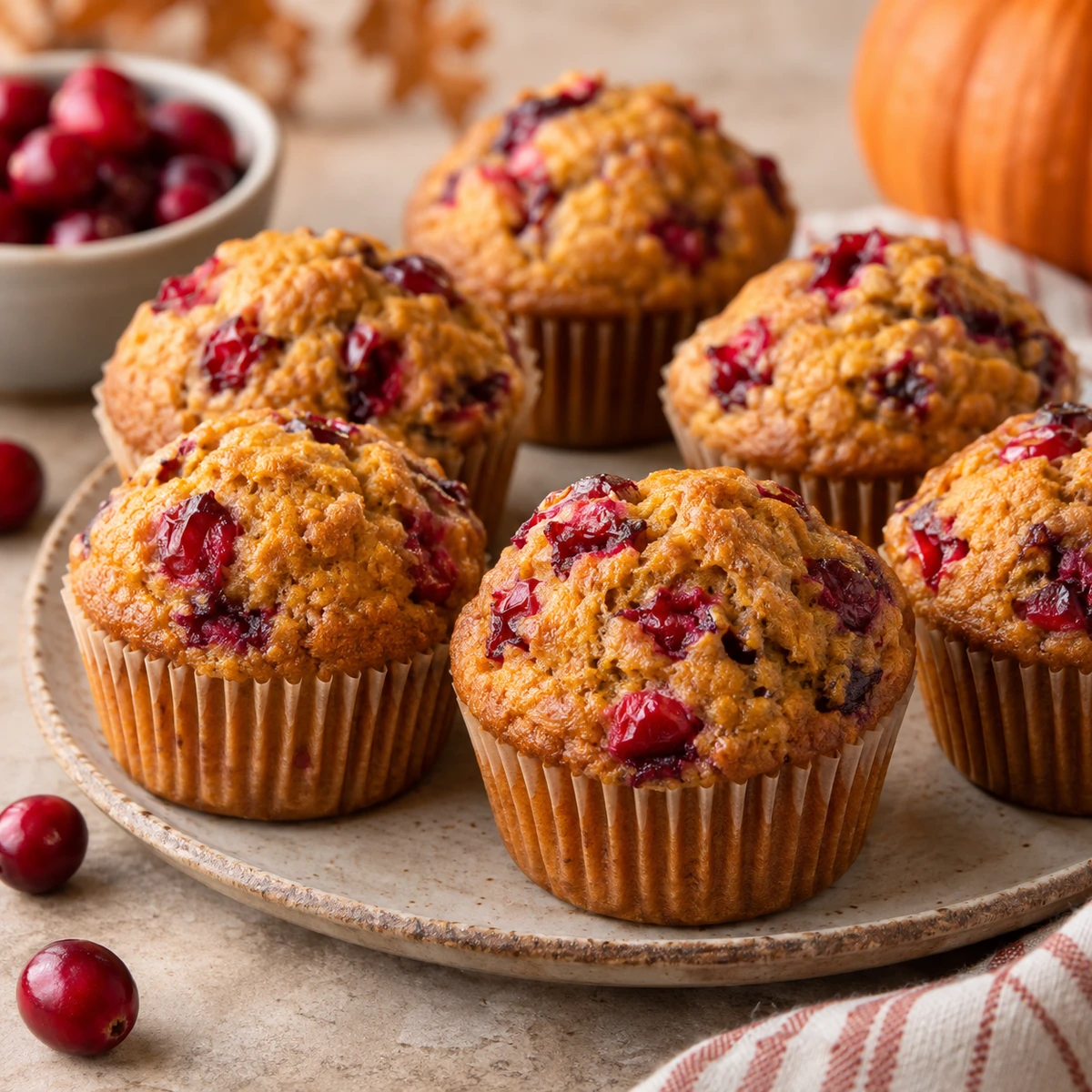 Six pumpkin muffins studded with whole cranberries on a plate, fresh cranberries and a small pumpkin beside them