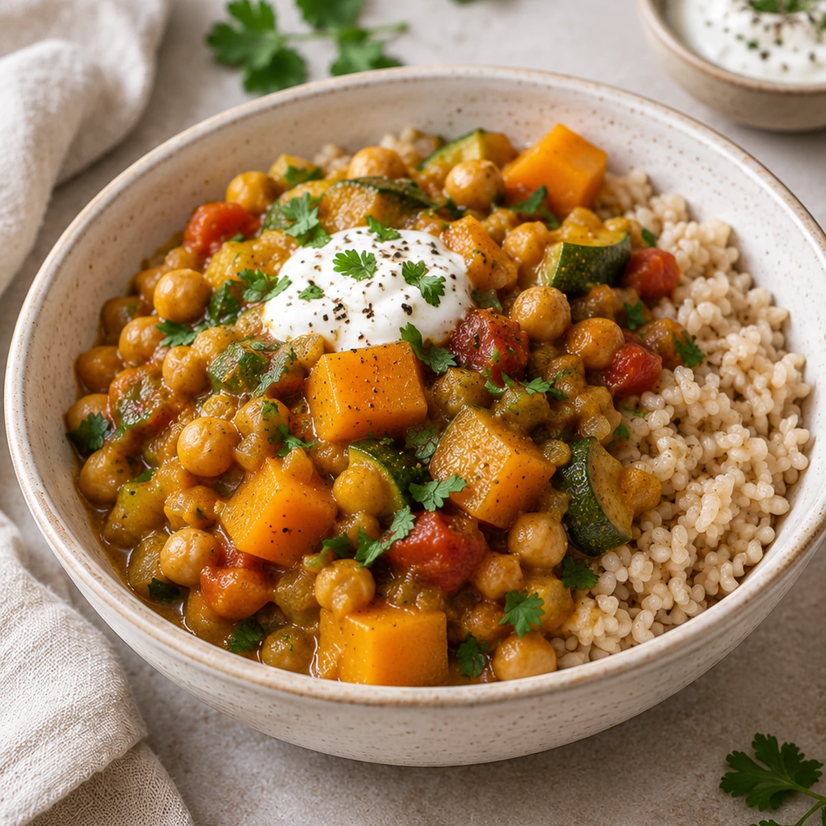 Curried butternut squash stew with chickpeas and zucchini over brown rice, topped with yogurt and cilantro