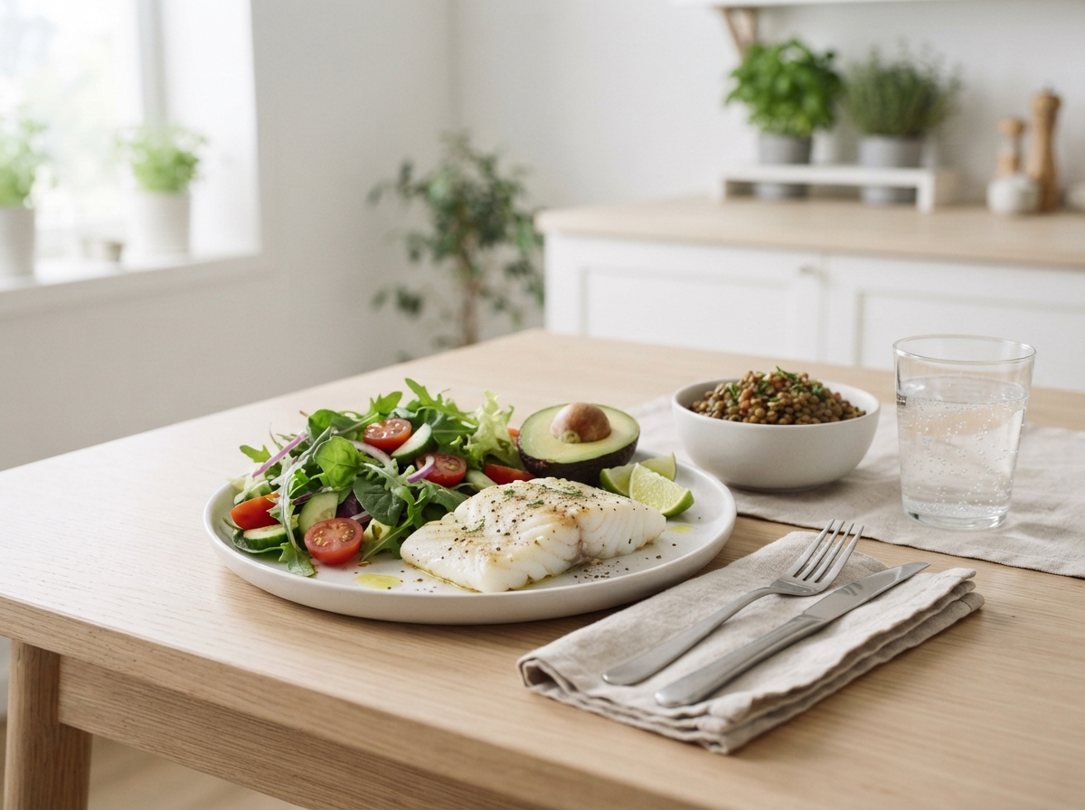 Grilled white fish with leafy salad, avocado and a bowl of lentils
