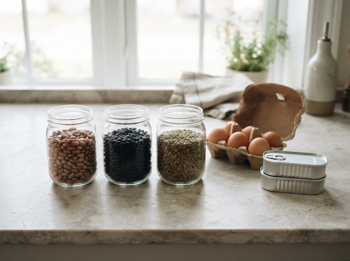 Open jars of dried pinto beans, black beans and lentils beside a carton of eggs and tins of fish on a kitchen counter