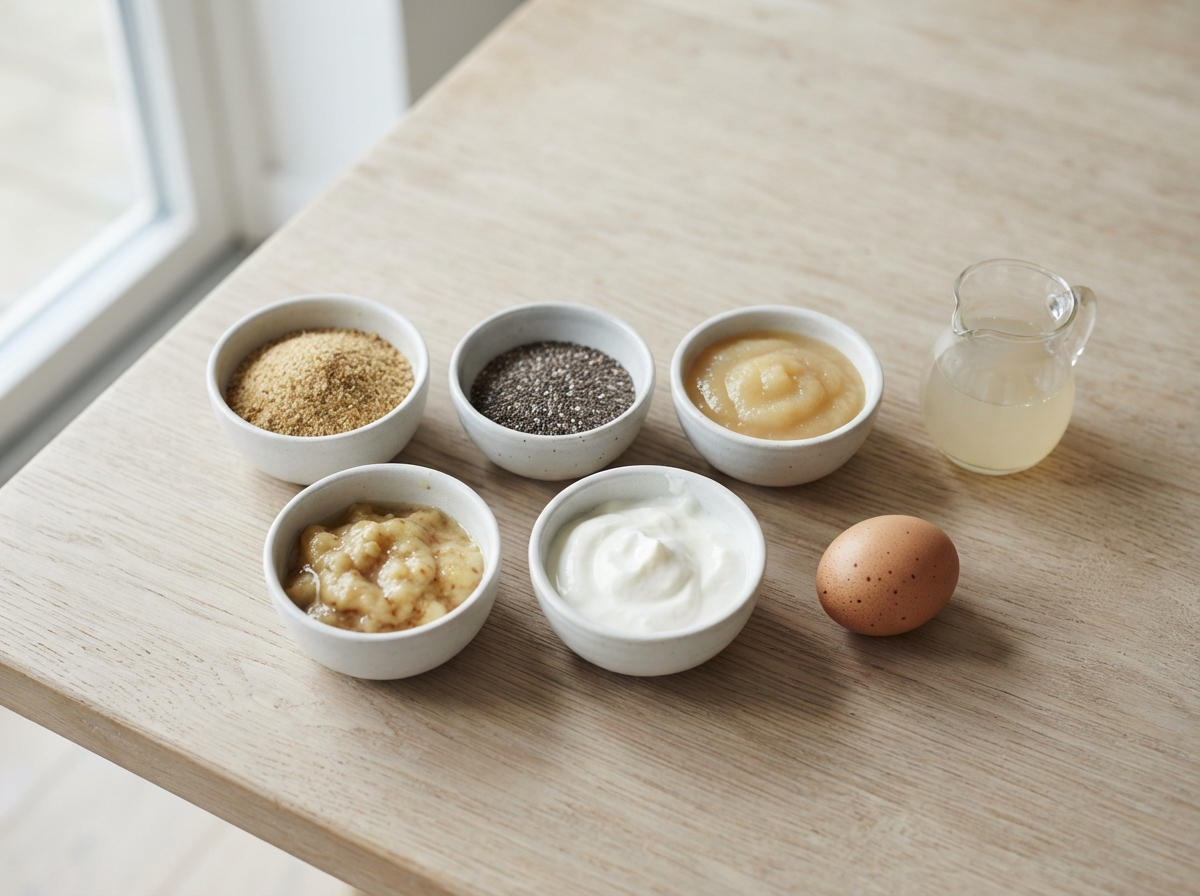 Overhead arrangement on a pale wooden table of egg substitutes in small white bowls: ground flaxseed, chia seeds, applesauce, mashed banana, plain yogurt and a jug of chickpea liquid, with one brown egg for comparison