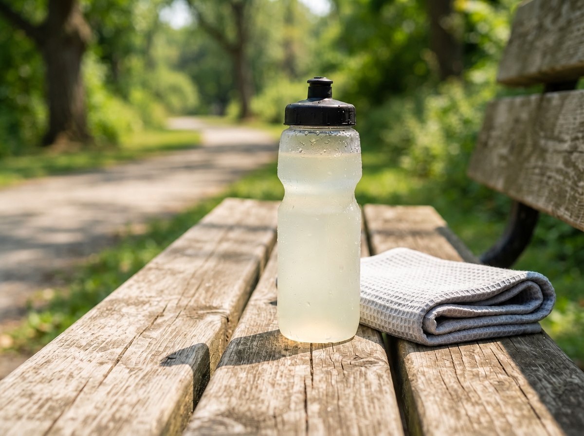 A clear sports bottle of pale lemon electrolyte water with condensation and a folded grey towel on a sunlit wooden park bench beside an empty running trail