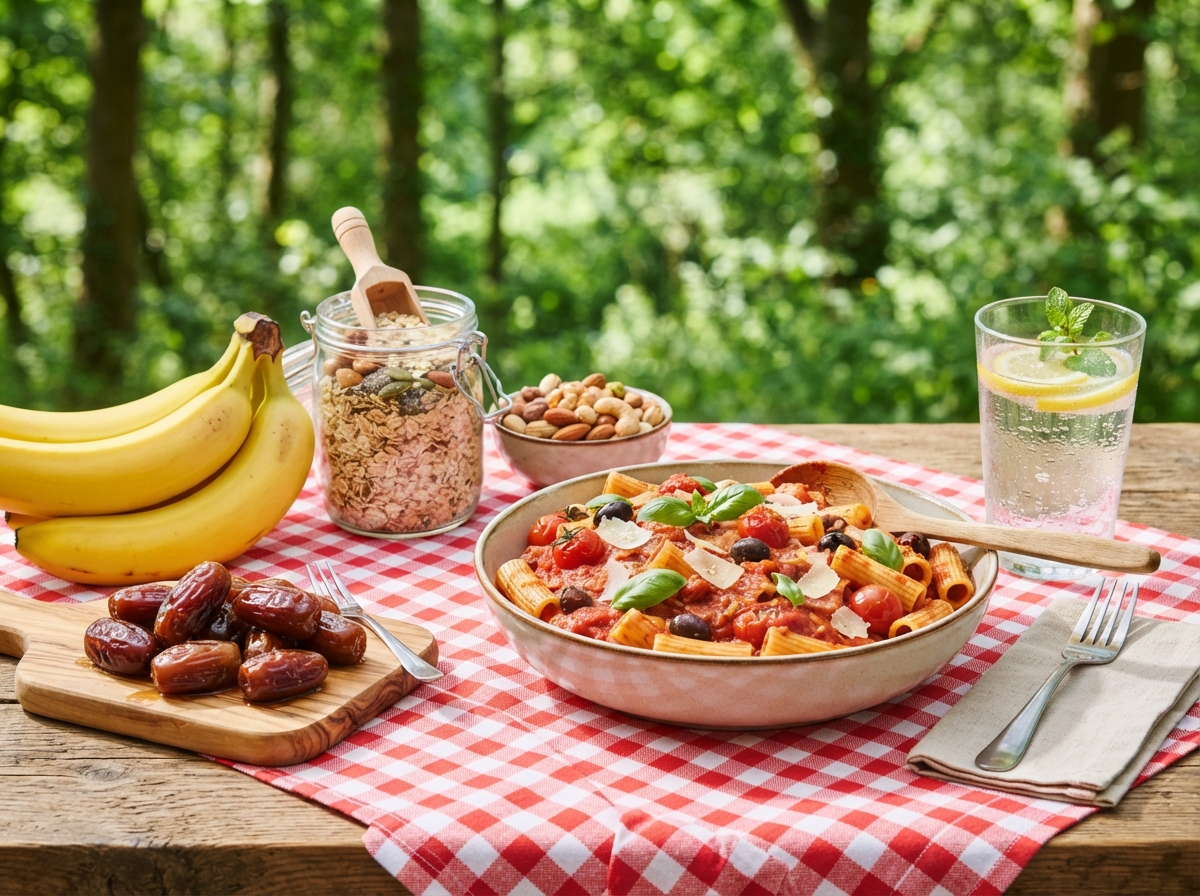 Cooked pasta, bananas, oats, dates and nuts laid out as endurance fuel