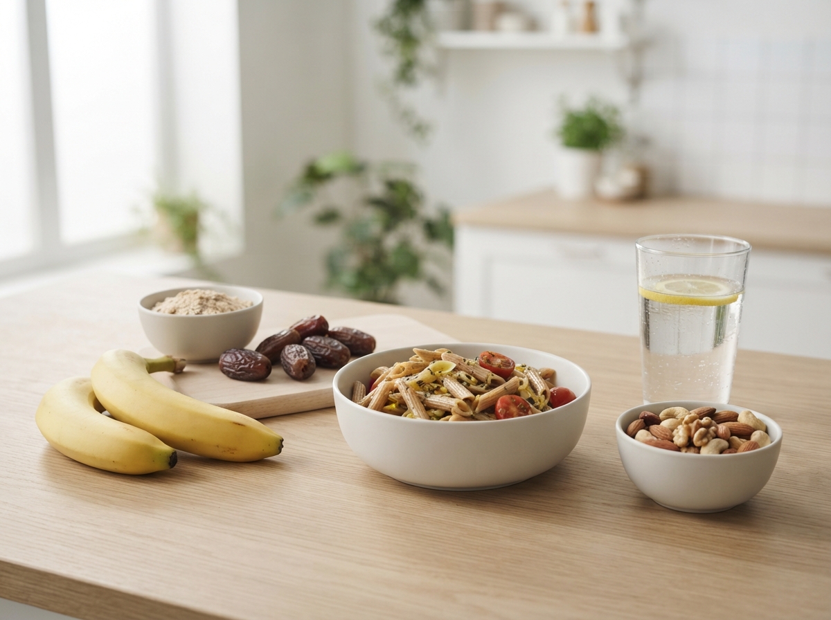 Cooked pasta, bananas, oats, dates and nuts laid out as endurance fuel