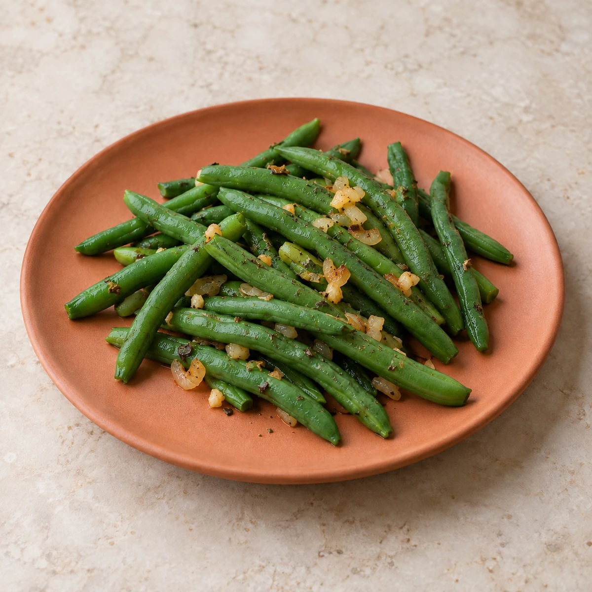 Garlic and herb green beans with softened onion on a terracotta plate