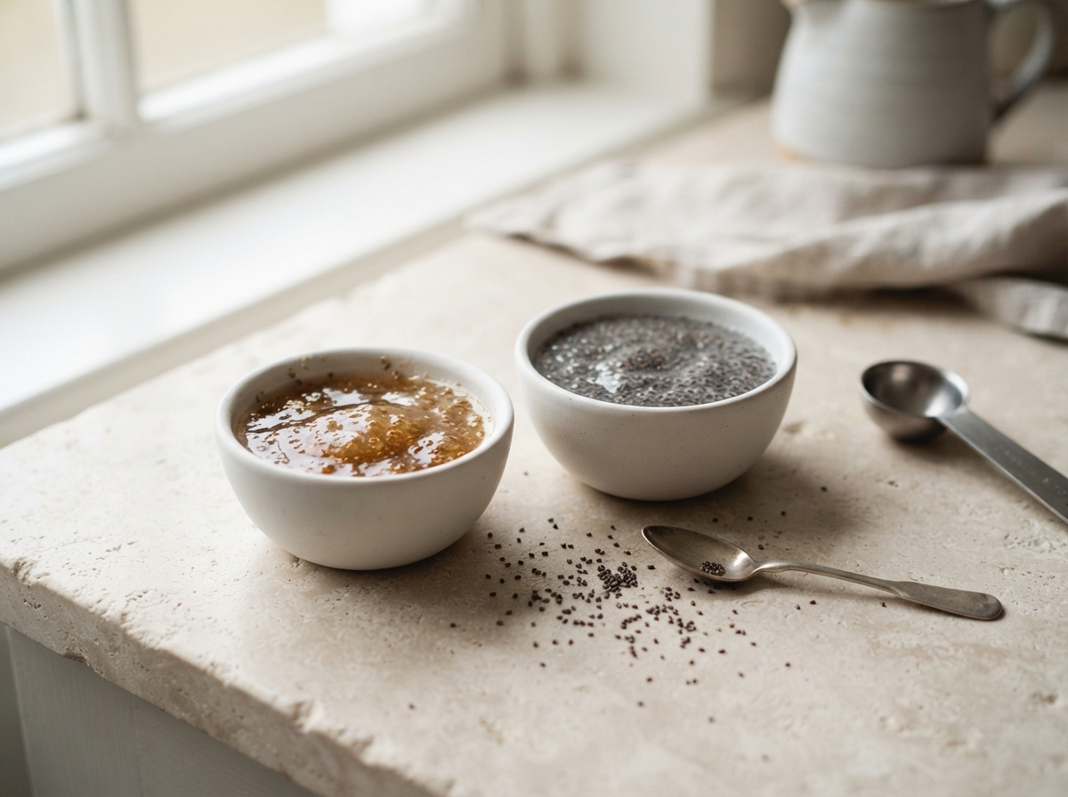 Two small white bowls on a pale stone counter, one holding a thickened gel of ground flaxseed and water, the other chia seeds and water, with a spoon and a measuring tablespoon beside them