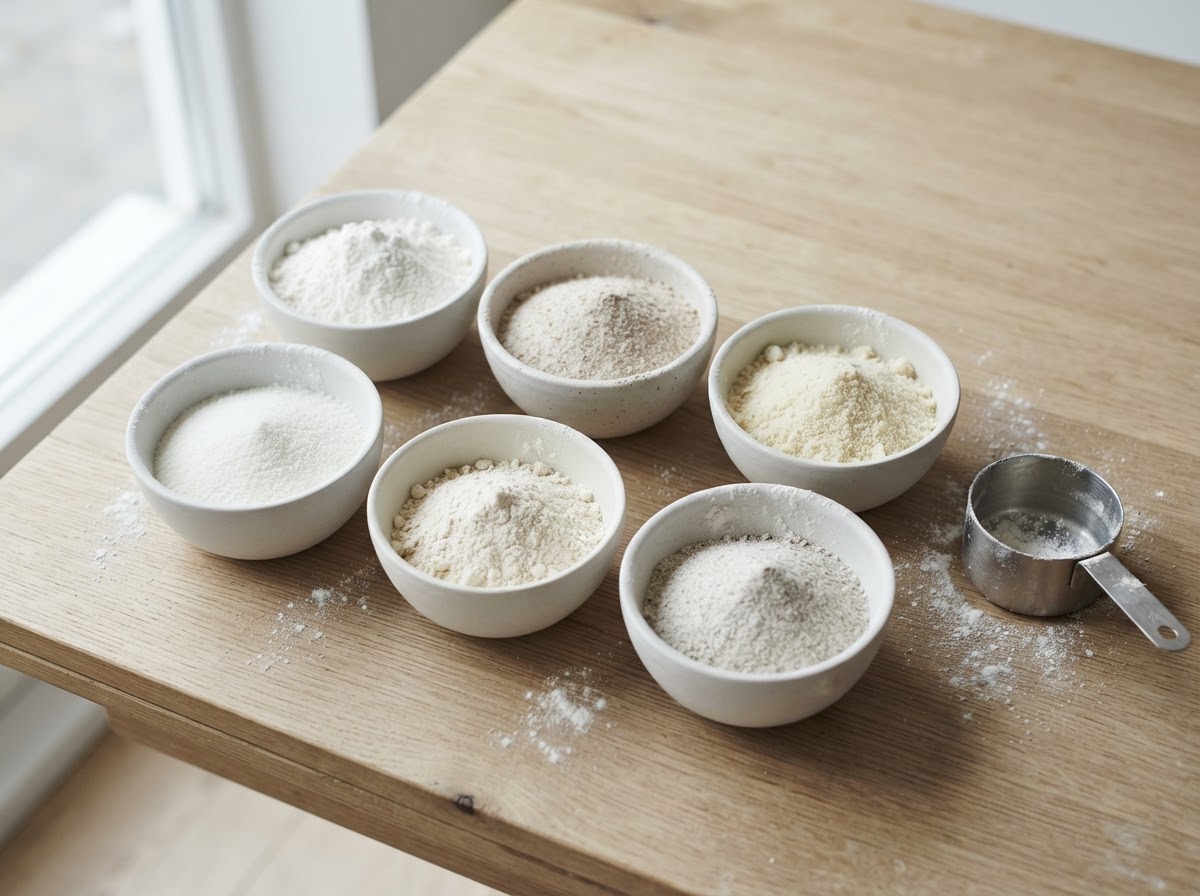 Overhead view on a pale wooden table of six white bowls holding different flours: white all-purpose, beige whole wheat, pale almond, fine coconut, oat and gray buckwheat, with a measuring cup and scattered flour