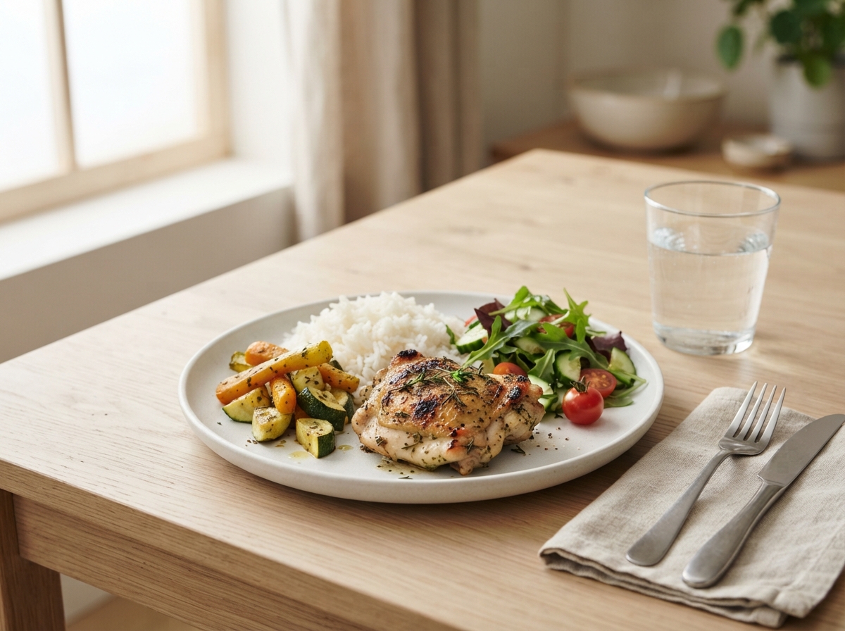 A mixed plate of chicken, rice, roasted vegetables and a small green salad