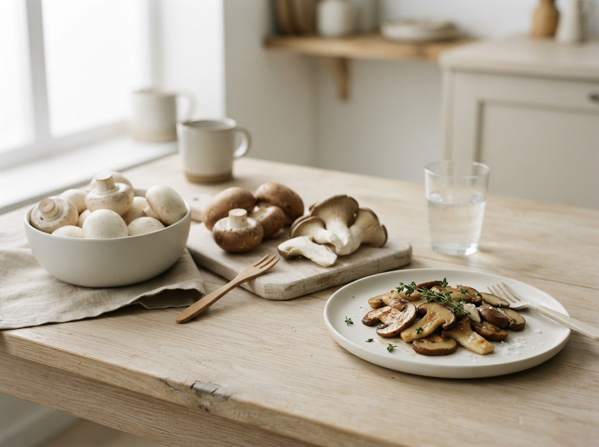 Fresh button, chestnut and oyster mushrooms with a plate of pan-seared sliced mushrooms