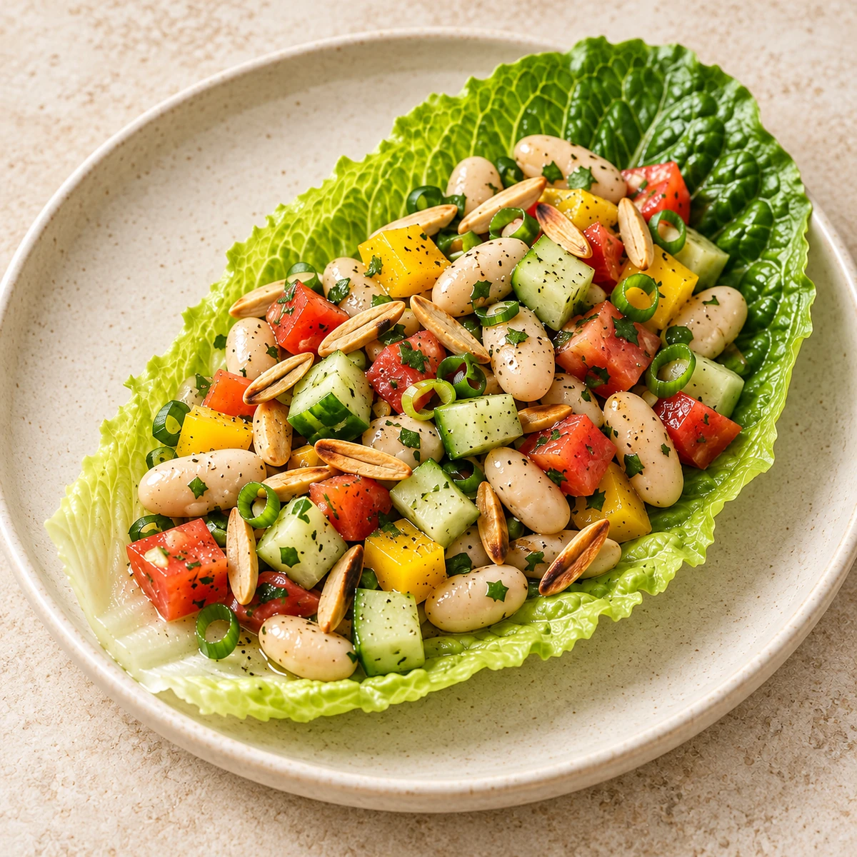White bean salad with cucumber, tomato, yellow pepper, scallions and toasted almonds on a romaine leaf
