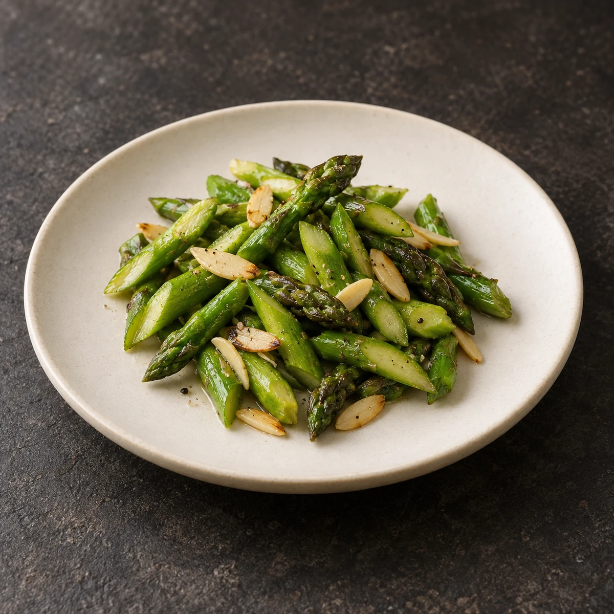 Asparagus pieces with toasted sliced almonds on a pale plate